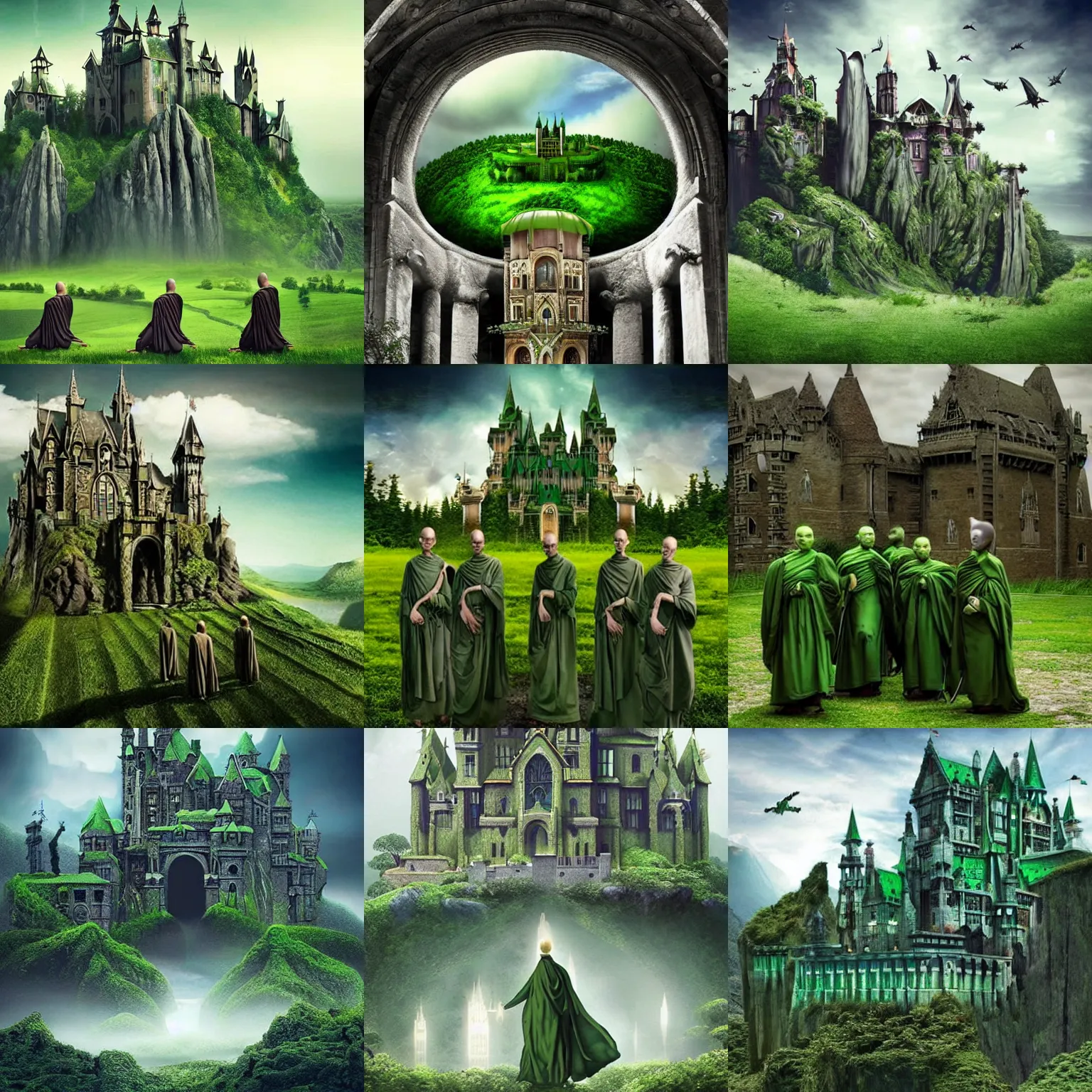 Prompt: a group of green monks and a beautiful, vast, photo - realistic, surreal, and mysterious sci - fi castle outside under the sky. trending on gothic art.