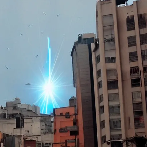 Image similar to ufo throwing laser beams over buenos aires, destroying buildings, people scared and escaping, the sky is red