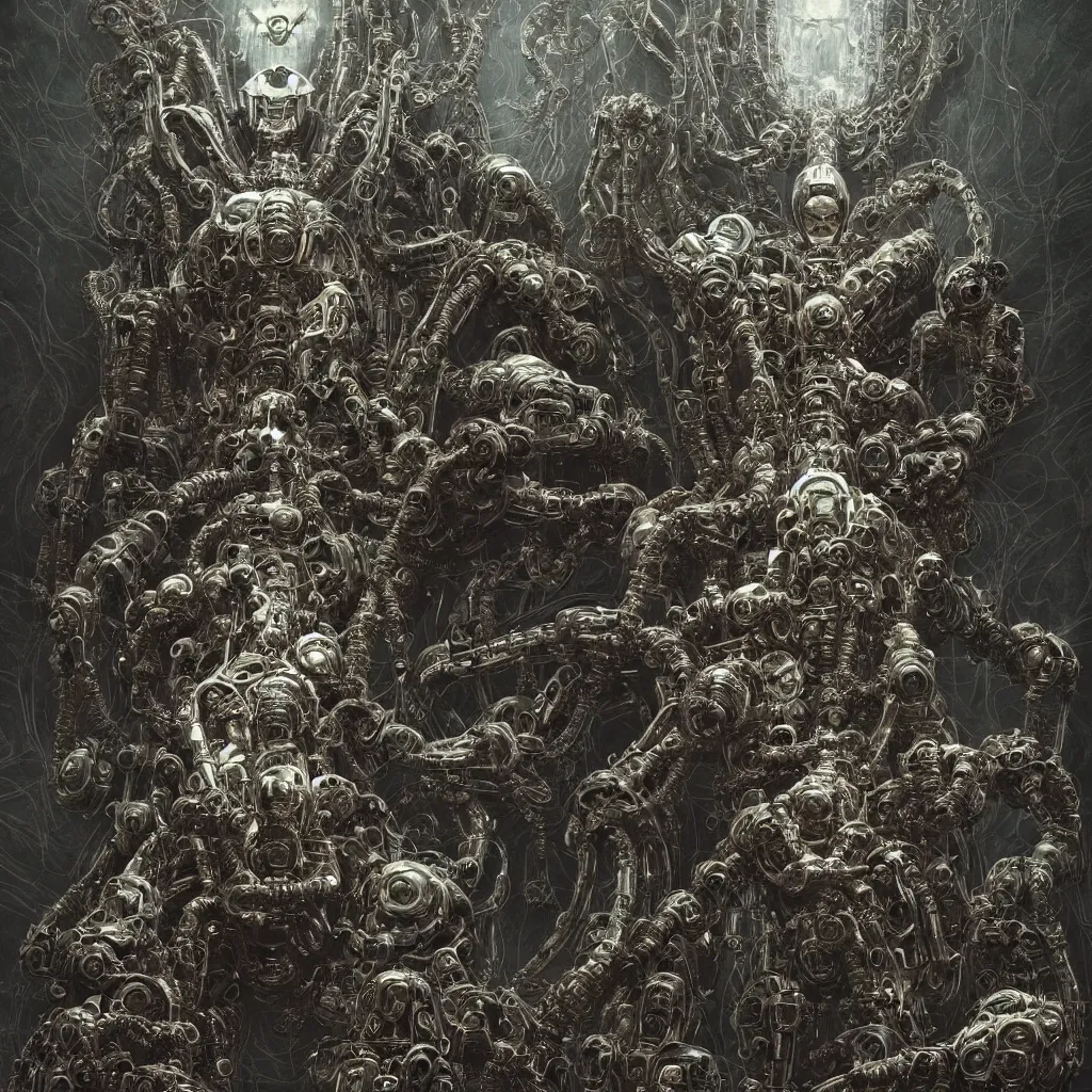 Image similar to symmetric frame of dr doom from Prometheus movie by beksinski, cyborg dr doom mecha by guo pei and alexander mcqueen metal couture editorial, eldritch epic monumental wallpaper by beksinski by Yuko Shimizu