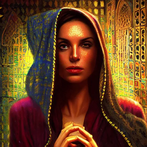 Image similar to detailed face of an arabic woman, opulent courtyard, moment, tectonic sky, skydome, reactor, utopian, tech noir, wet reflections, prism, atmospheric, ambient, pj crook, syd mead, livia prima, artgerm, greg rutkowski, nick alm, casey baugh