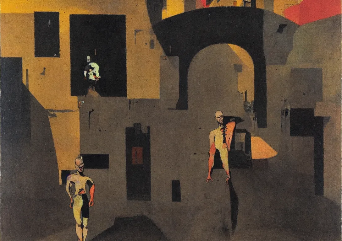 Image similar to a punk latino skinhead following a watchful light through the streets of a city, muted color scheme, sparse detail, by george luks, joan miro and moebius