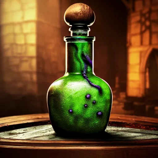 Image similar to hyper realistic and higly detailed deadly poison bottle, purple liquid inside on a design medieval wood table. the bottle is designed like a trendy perfume bottle. background is a laboratory complex architecture mossy stone pilars. professional digital art, dnd style, ultra detailed, trending on artstation, concept art, octane render, unreal engine 5, 8 k rendering.