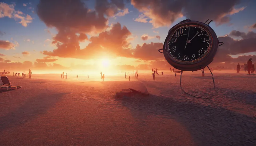 Image similar to cinematic rendering of melting clocks on the beach, 8 k ultra realistic, lens flare, atmosphere, glow, detailed, intricate, full of colour, cinematic lighting, trending on artstation, 4 k, hyperrealistic, focused, extreme details, unreal engine 5, cinematic, masterpiece