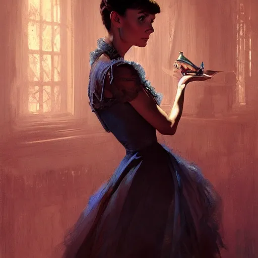 Image similar to audrey hepburn, inside haunted mansion looking for a way out, various scenarios, highly detailed, digital painting, artstation, art by gaston bussiere, greg rutkowski, j. c. leyendecker