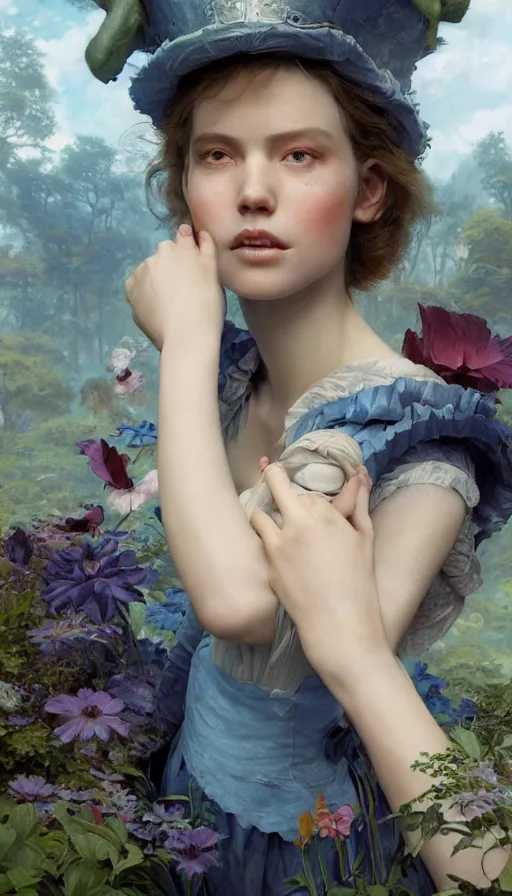 Image similar to epic masterpiece alice in wonderland, sweaty skin, hyperrealistic, octane render, cinematic, beautiful face and flawless skin, perfect hands, 5 fingers, blue, by Edgar Maxence and Ross Tran and Michael Whelan, Legends of Runeterra