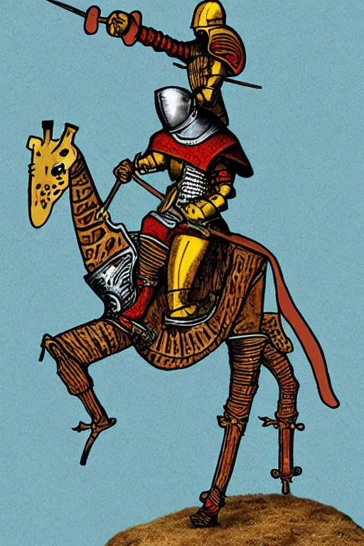 Image similar to a medieval knight in armor riding a giraffe