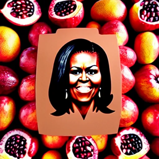 Image similar to cartoon fruit figurine that looks just like michelle obama as a pomegranate, 8 k, fruit eyes, fruit world, beautiful intricate painting, hyper realistic, studio lighting, octane render