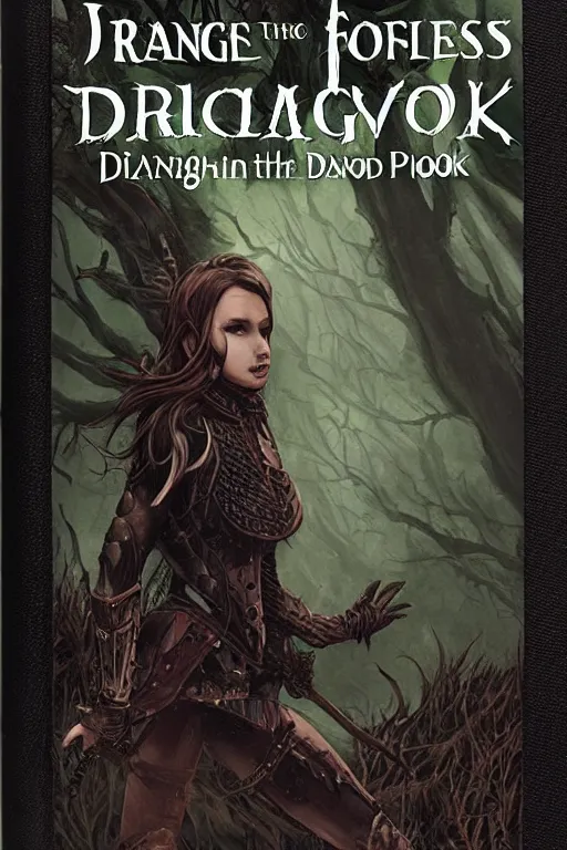 Image similar to dramatic dark forest scenery, girl with fangs in hide leather armor, D&D book-cover