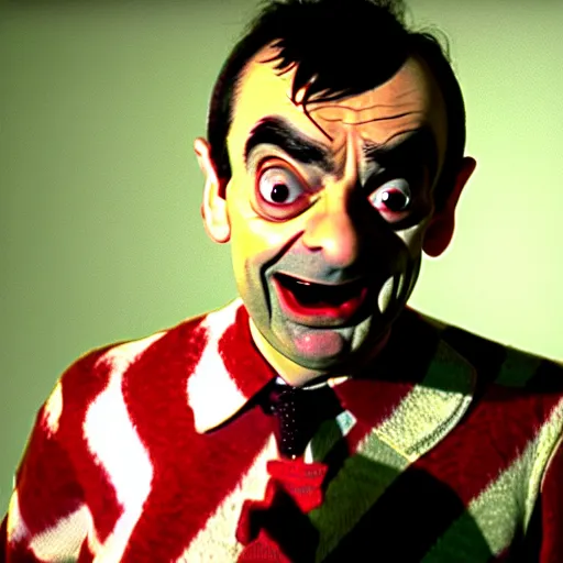 Image similar to mr. bean as freddie krueger. movie still. cinematic lighting.