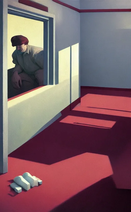 Image similar to Inside a prison cell, very coherent, painted by Edward Hopper, Wayne Barlowe, painted by James Gilleard, airbrush, art by JamesJean