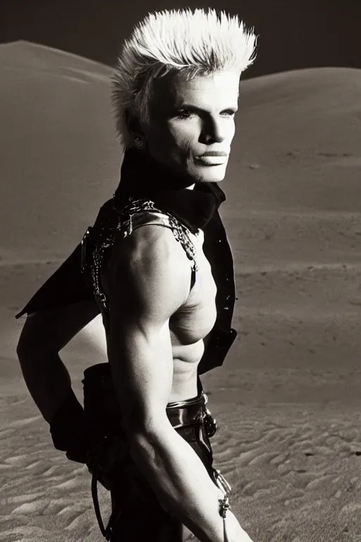 Prompt: portrait billy idol dressed in 1 9 8 1 space fantasy fashion, avante garde, shiny metal, standing in a desert