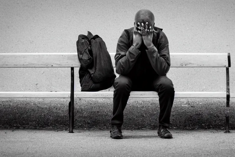 Prompt: photo of a man sitting on a bench waiting for someone that will never come, depressing, moody, nostalgic, dramatic, 8 k uhd