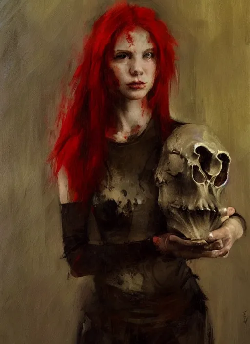 Image similar to portrait painting of beautiful red head ancient irish celtic priestess holding a dinosaur skull, by jeremy mann, only one head single portrait