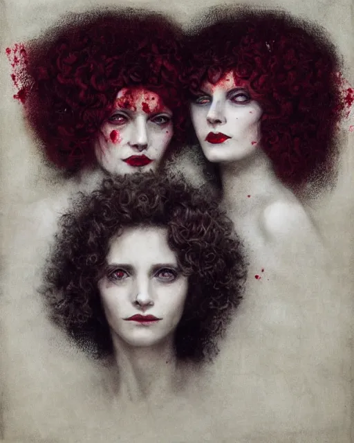 Prompt: two beautiful but sinister sisters in layers of fear, with haunted eyes and curly hair, 1 9 7 0 s, seventies, delicate embellishments, a little blood, crimson, painterly, offset printing technique, mary jane ansell