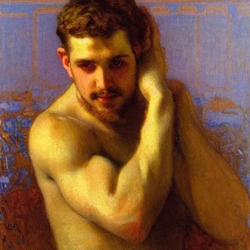 Image similar to young man head in hands against bright background, oil painting, gaston bussiere, mucha, gerome,