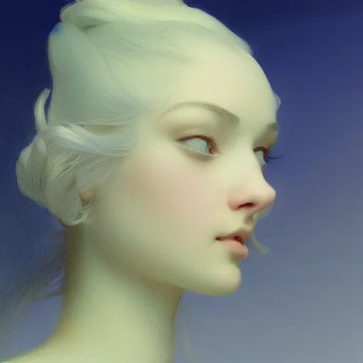 Prompt: young woman's face, her hair is titanium white and she wears a cobalt blue silk cloak, by ivan aivazovsky and syd mead and moebius and gaston bussiere and roger dean and willem claesz and pieter claesz and paul delaroche and alma tadema and aelbert cuyp, hyperrealistic, volumetric light, octane render