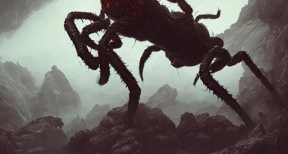 Image similar to a giant eldritch spider monster crawling across a misty mountainous landscape, dramatic lighting, illustration by francois baranger, greg rutkowski, yoji shinkawa, 4 k, digital art, concept art, trending on artstation