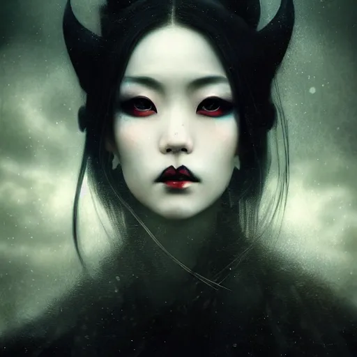 Image similar to Portrait of a riveting Japanese vampire woman!, atmospheric lighting, gothic makeup, intricate, Transylvanian castle, volumetric lighting, beautiful, starlit sky, sharp focus, ultra-detailed, by Tom Bagshaw Leesha Hannigan, Ross Tran, Thierry Doizon, Kai Carpenter, Ignacio Fernández Ríos