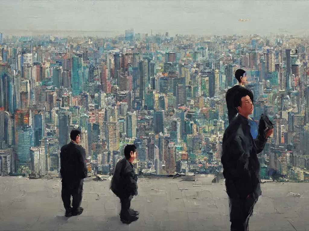 Prompt: ‘The Center of the World’ (Liu Xiaodong realist oil painting, large thick messy colorful brushstrokes, office worker looking out over a city landscape) was filmed in Beijing in April 2013 depicting a white collar office worker. A man in his early thirties – the first single-child-generation in China. Representing a new image of an idealized urban successful booming China.