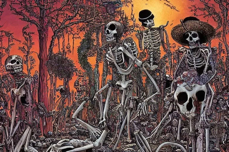 Image similar to scene from zoo, day of all the dead, skeletons, artwork by jean giraud