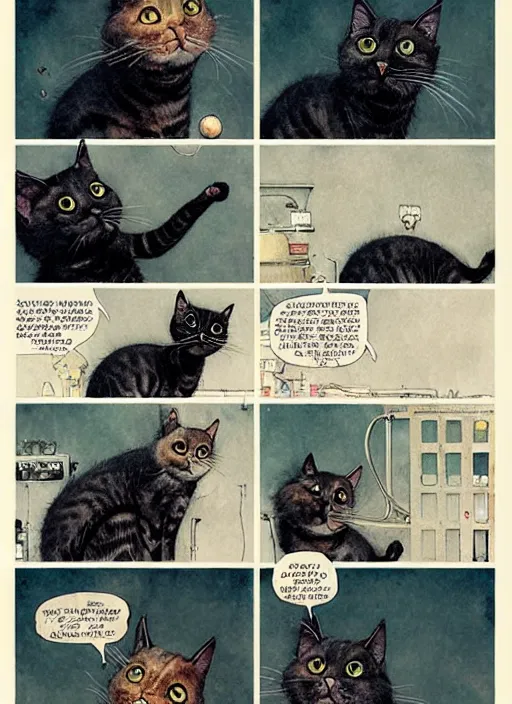 Image similar to a hyper realistic ink cat in a spaaceship 6 panel comic by chiara bautista and norman rockwell and greg rutkowski weta studio, and lucasfilm