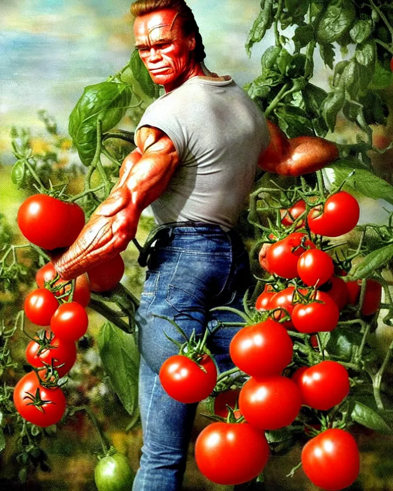 Prompt: arnold terminator harvests tomatoes in his garden, soft cute colors, classical painting, nice art, soft brush