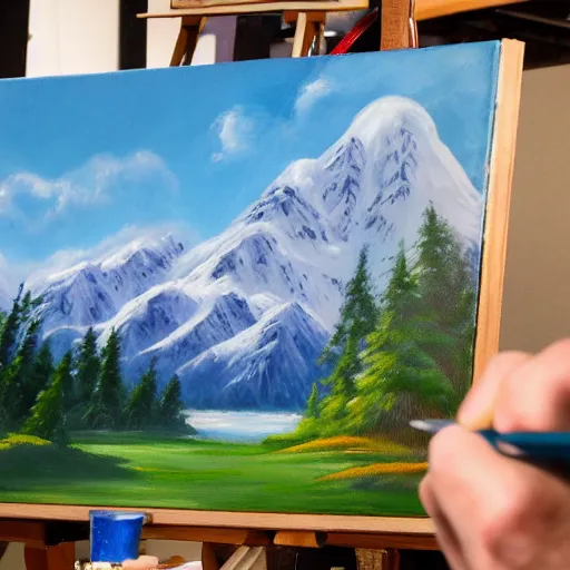 Image similar to a closeup photorealistic photograph of bob ross working on a canvas painting of elmo. film still. brightly lit scene. mountains and trees. this 4 k hd image is trending on artstation, featured on behance, well - rendered, extra crisp, features intricate detail, epic composition and the style of unreal engine.