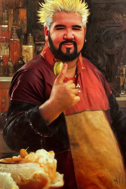 Image similar to guy fieri, orientalist intricate portrait by john william waterhouse and edwin longsden long and theodore ralli and nasreddine dinet, hyper realism, dramatic lighting