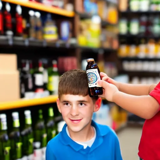 Image similar to boy hold beer bottle in the shop and the casier don't want to sell it to the kid.