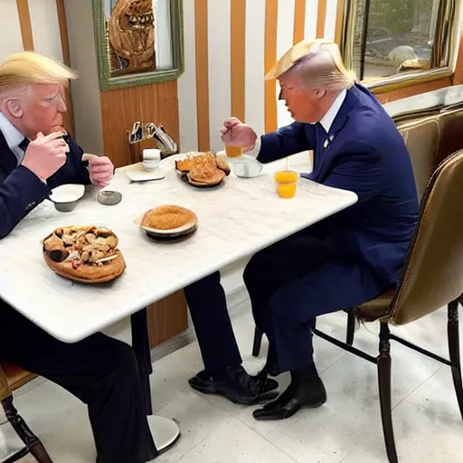 Image similar to trump and Biden sitting and eating breakfast at a Wafflehouse