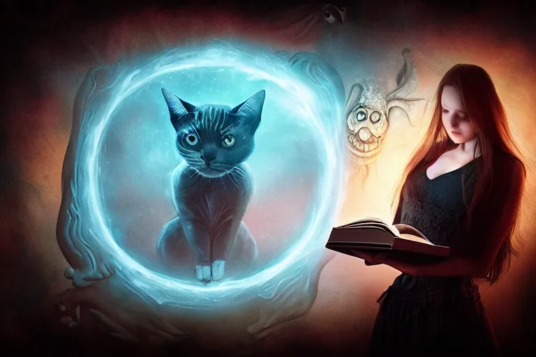 Image similar to romantic photo of bright girl, her cat and her book of necronomicon, symmetrical, cinematic, real dlsr photography, sharp focus, 4 k, ultra hd, sense of awe, sinister demonic atmosphere, dreadful, forbidden knowledge, old gods, cthulhu, yog - sothoth! yah, yah, yah! cultist journal cover