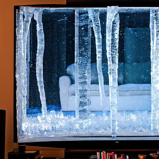 Image similar to a living room, frozen, covered completely in ice