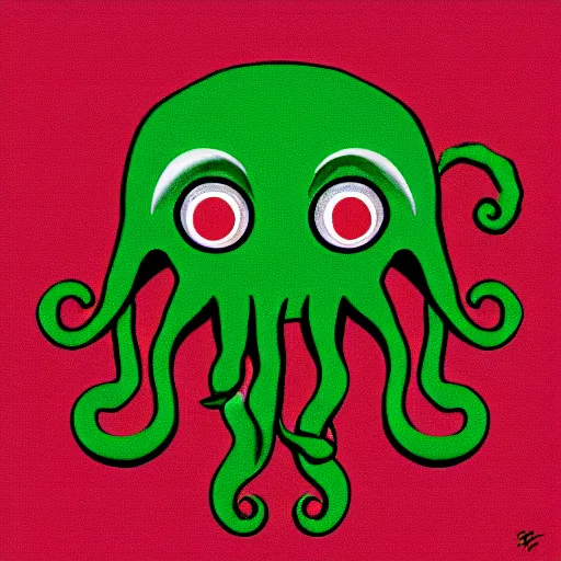 Image similar to a cute cthulhu icon drawn in the style of rockwell kent