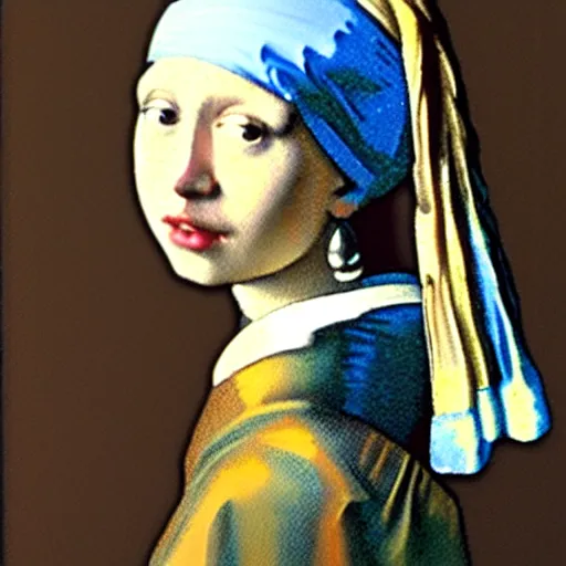 Prompt: girl with long hair, girl with long hair, girl with long hair, blue eyes, and a white shirt with a pearl earring by Johannes Vermeer, 8k