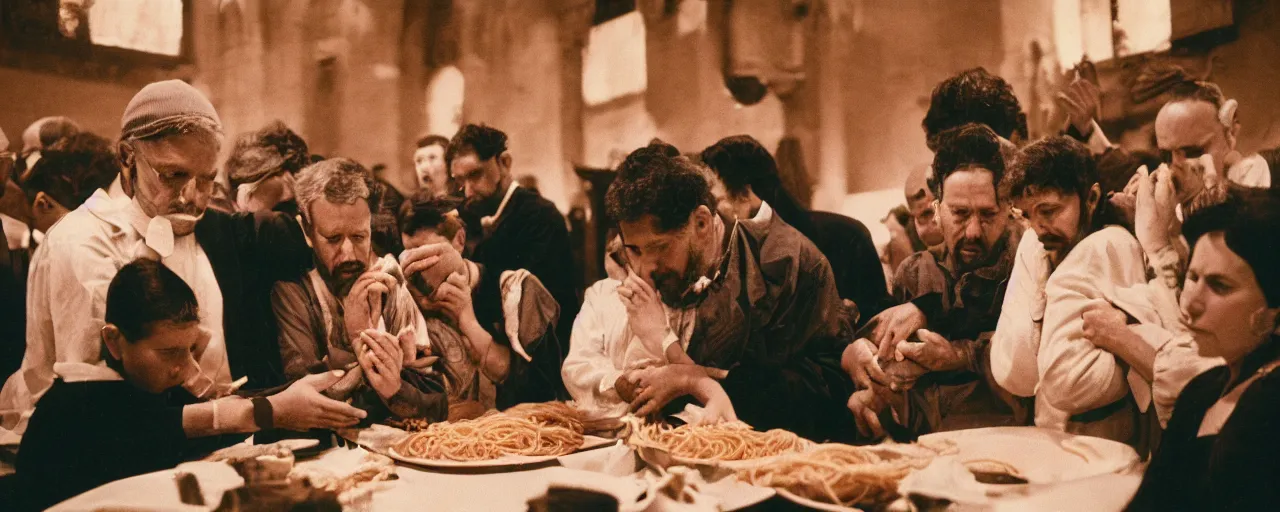 Prompt: a jewish synagogue with people praying next to spaghetti, canon 5 0 mm, cinematic lighting, photography, retro, film, kodachrome, closeup