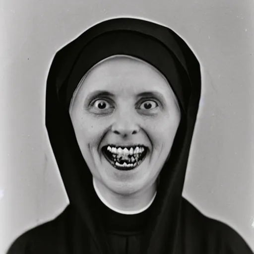 Image similar to antique photograph of an evil catholic nun, crazy eyes wide open, horror, staring at the camera, evil smile, sharp teeth, headshot, dark background, low exposure