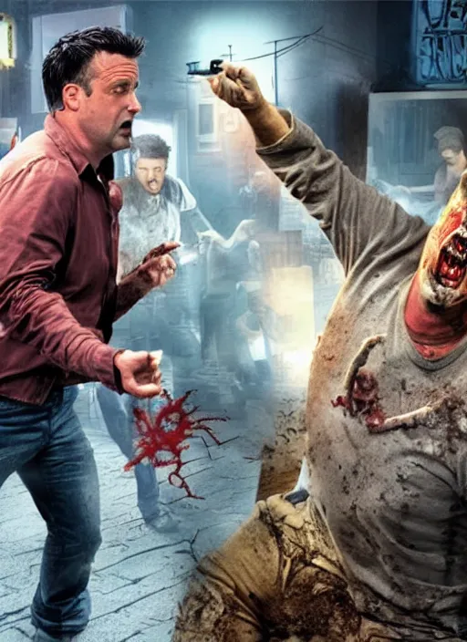 Prompt: a scene from friends where joey and chandler fight zombies, face enhance, realistic, intricate details, masterpiece, shaun of the dead, izombie, ultra detailed, octane render, lovecraftian, horror, dead space, the walking dead