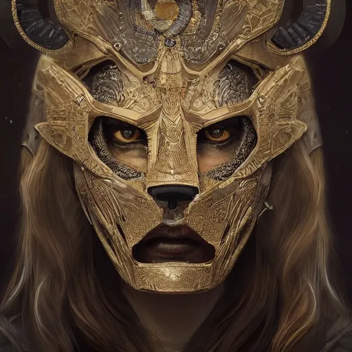 Prompt: Very very very very highly detailed epic zoom out photo of full face with lion venetian mask, intricate, dystopian, sci-fi, extremely detailed, digital painting, artstation, concept art, smooth, sharp focus, illustration, intimidating lighting, incredible art by Artgerm and Vincent di Fate and WLOP