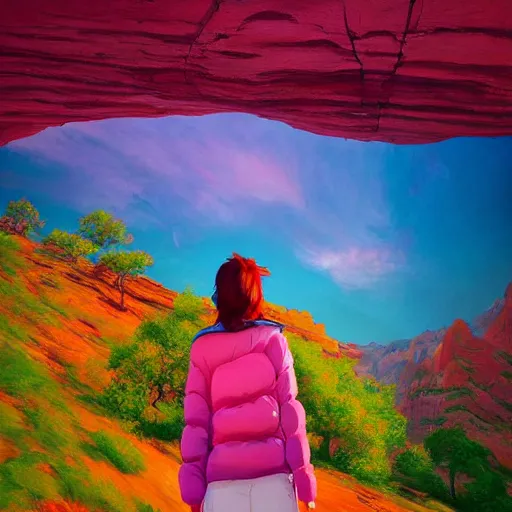 Image similar to giant cherry blossom as a head, girl hiking in a canyon, surreal photography, sunrise, dramatic light, impressionist painting, colorful clouds, digital painting, artstation, simon stalenhag