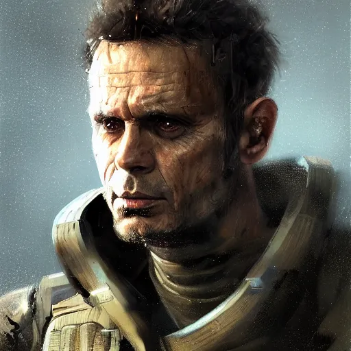 Image similar to portrait of a man by greg rutkowski, he looks like michael biehn, he is wearing a tactical military superhero gear, highly detailed portrait, digital painting, artstation, concept art, smooth, sharp foccus ilustration, artstation hq