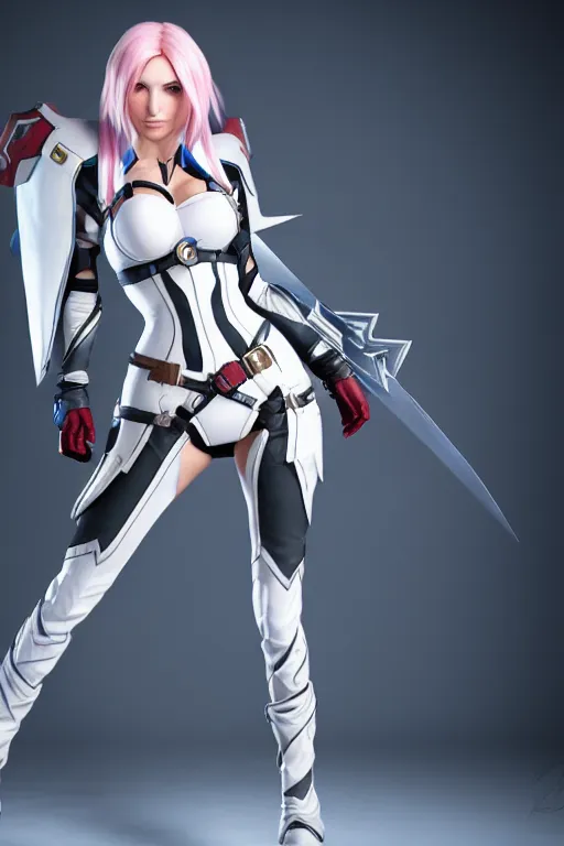 Image similar to Katarina from League of Legends shaking hands with Mercy from Overwatch, photorealistic full body, studio lighting, white ambient background, highly detailed