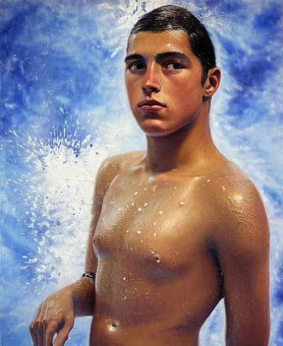 Image similar to heroic portrait of a young mexican swimmer. art by denys tsiperko and bogdan rezunenko, hyperrealism