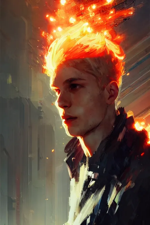 Image similar to character art by wadim kashin, young man, blonde hair, on fire, fire powers