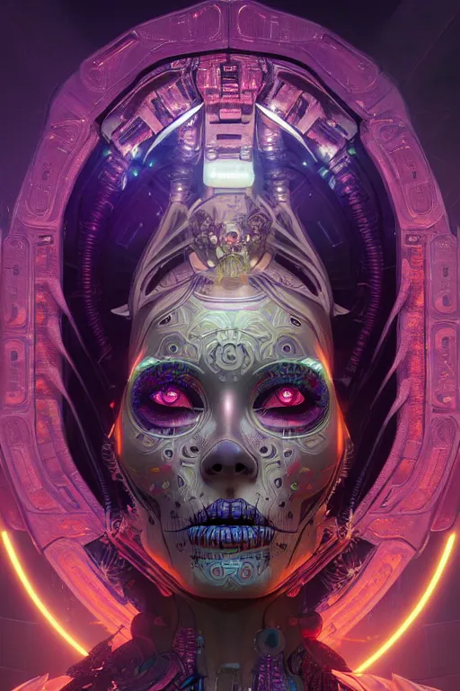 Image similar to ultra detailed Female Android deity, scifi, octane render, (dia de los muertos), asymmetrical, intricate concept art, triadic color scheme, art by artgerm and DZO and greg rutkowski and alphonse mucha and loish and WLOP