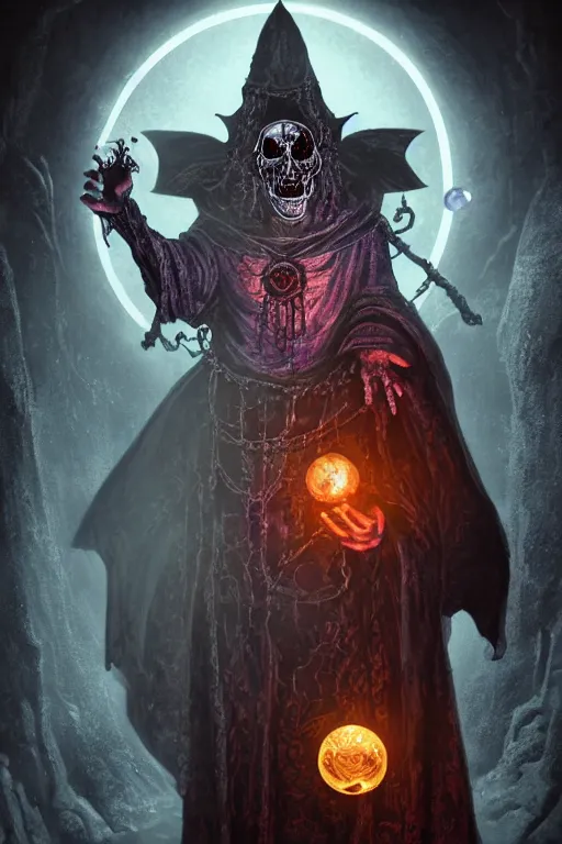 Prompt: a lich holding a magical orb, surrounded by an aura of darkness, human skull, in a medieval crypt, fantasy horror art, digital painting, HDR, 8k, cgsociety, octane engine, by Tim White and John Stephens