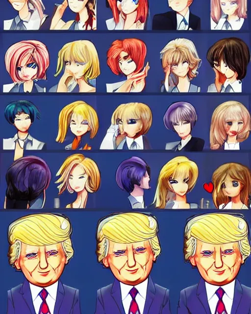 Prompt: dating sim sprite of donald trump, otome, bishounen, anime,