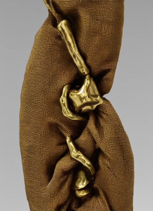 Image similar to bronze age Irish, detailed knot-work gold cloak pin of a dinosaur, studio lighting, museum