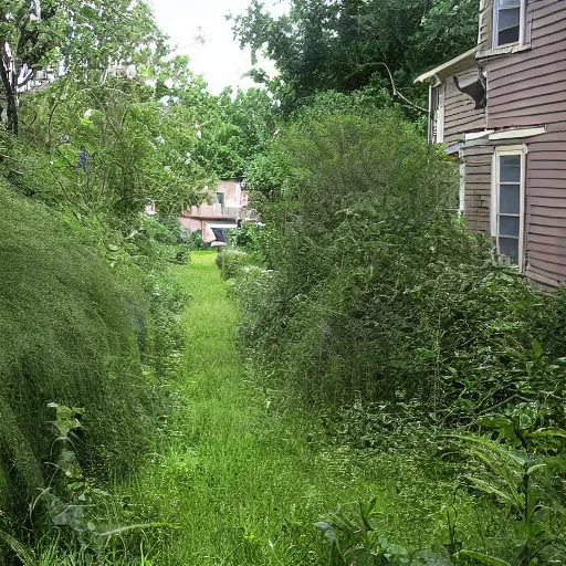 Image similar to poor neighborhood, overgrown, photo taken from a porch