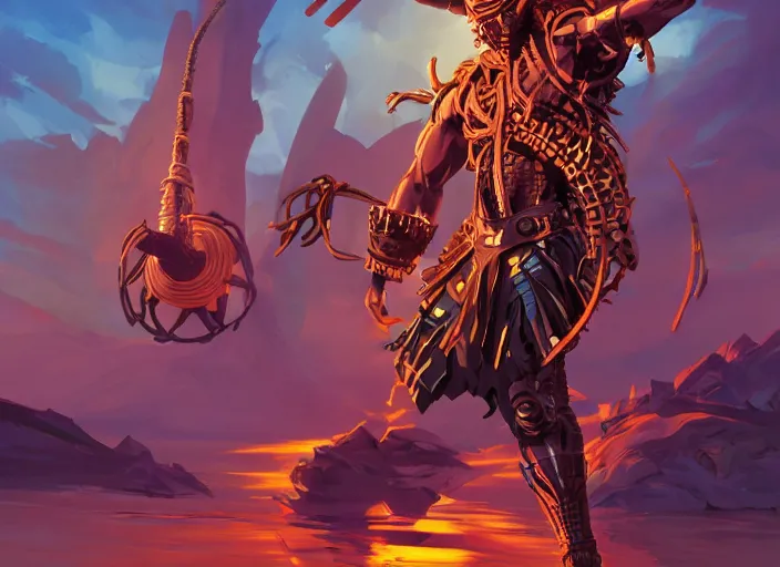 Image similar to highly detailed digital painting of afrofuturistic wakandan scientist cybernetic voodoo priest, masculine and strong, 2 d game fanart behance hd by jesper ejsing, by rhads, makoto shinkai and lois van baarle, ilya kuvshinov, rossdraws, dramatic sunset, global illumination, radiant light, detailed and intricate environment