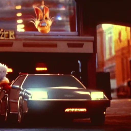 Image similar to who framed roger rabbit, cinematic still, roger rabbit in a flying delorean, high quality, futuristic